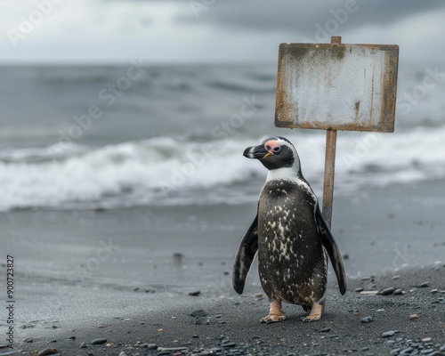 A penguin stands on a beach next to a blank sign. AI.