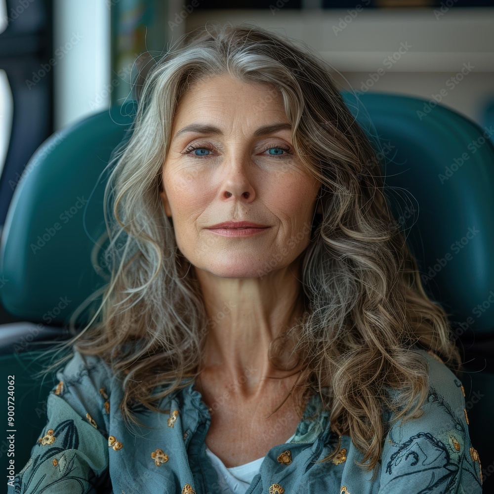 Fototapeta premium A woman with long gray hair looks directly at the camera. AI.