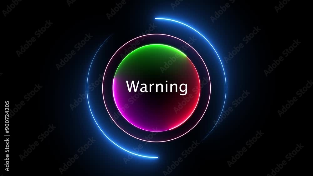Glowing neon circle with word warning on black background animation.4k Glowing neon circle with word warning on black background animation.4k
