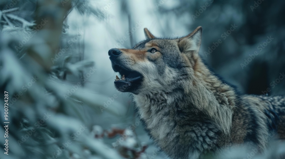 Obraz premium A wolf howls in the snowy forest. AI.