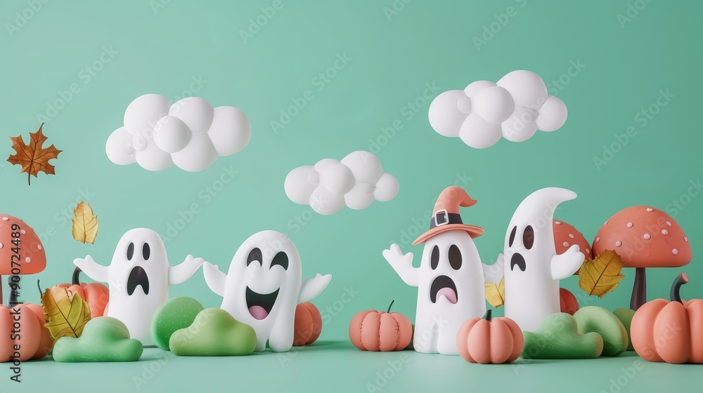 A charming illustration featuring playful ghosts, pumpkins, mushrooms, clouds, and autumn leaves against a green background, evoking a whimsical and festive autumn spirit. A charming illustration featuring playful ghosts, pumpkins, mushrooms, clouds, and autumn leaves against a green background, evoking a whimsical and festive autumn spirit.