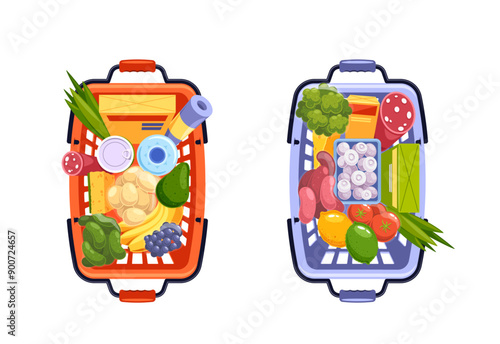 Two Shopping Baskets Filled With Various Groceries, Including Fruits, Vegetables, And Packaged Foods Top View