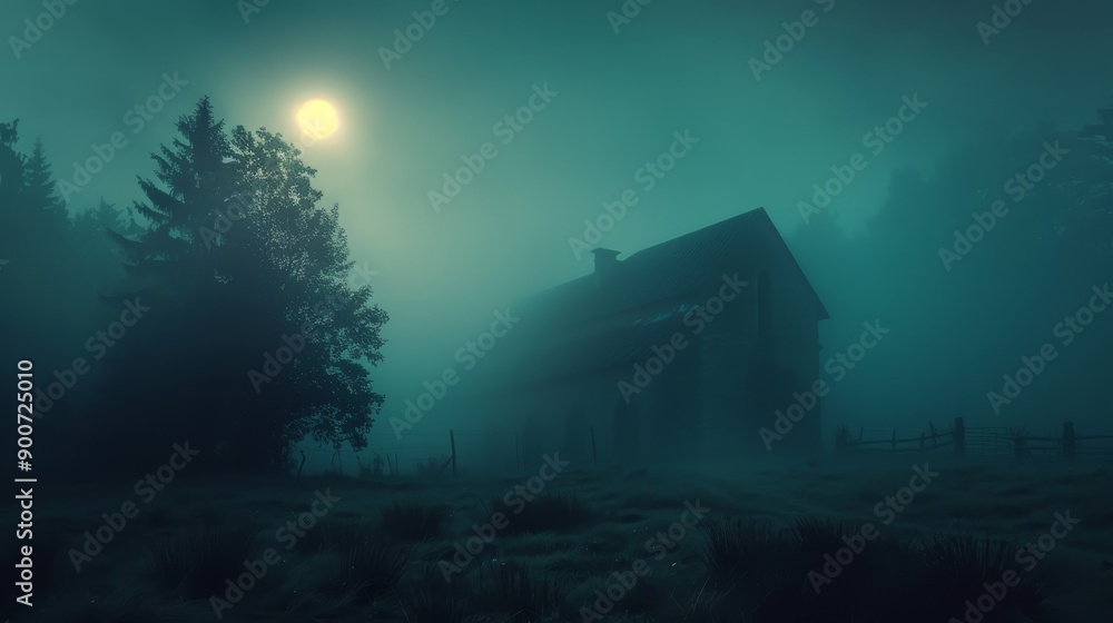 Mysterious moonlit church in eerie foggy landscape Mysterious moonlit church in eerie foggy landscape