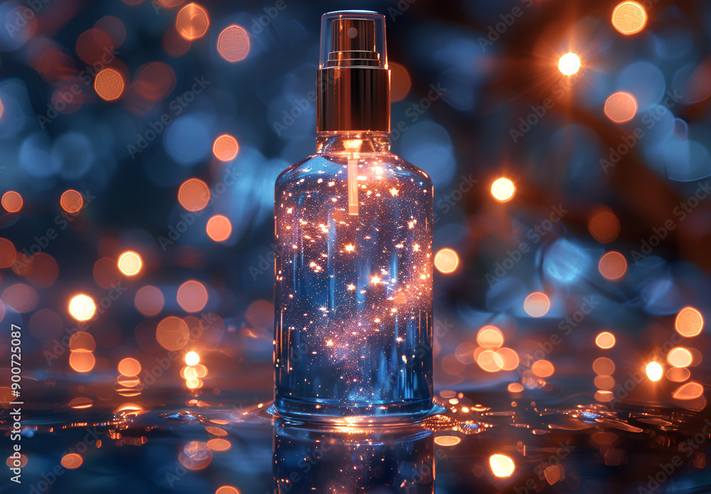 A bottle of perfume with colorful lights shining on it. A bottle of perfume with colorful lights shining on it.