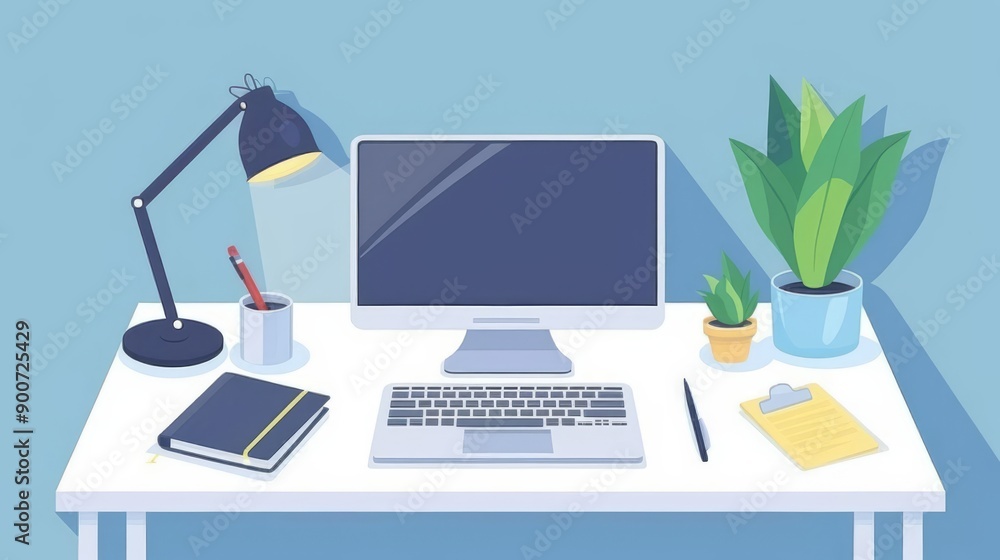 Office desk, laptop and notepad, flat design illustration Office desk, laptop and notepad, flat design illustration