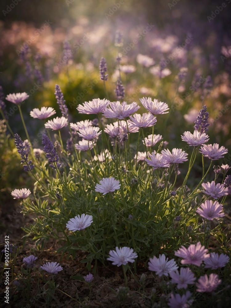 Obraz premium Amidst sun-kissed field, white daisy-like flowers with yellow centers bloom alongside purple lavender stalks. Soft light filters through unseen sources, casting warm glow on delicate petals.