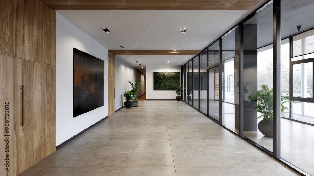 Obraz premium Contemporary hallway features a minimalist design with wooden accents, glass partitions, and modern art, creating a sleek and inviting space.