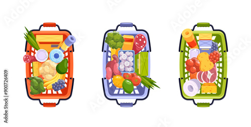 Three Cartoon Grocery Baskets Filled With Variety Of Food Items, Including Fruits, Vegetables, Dairy Products