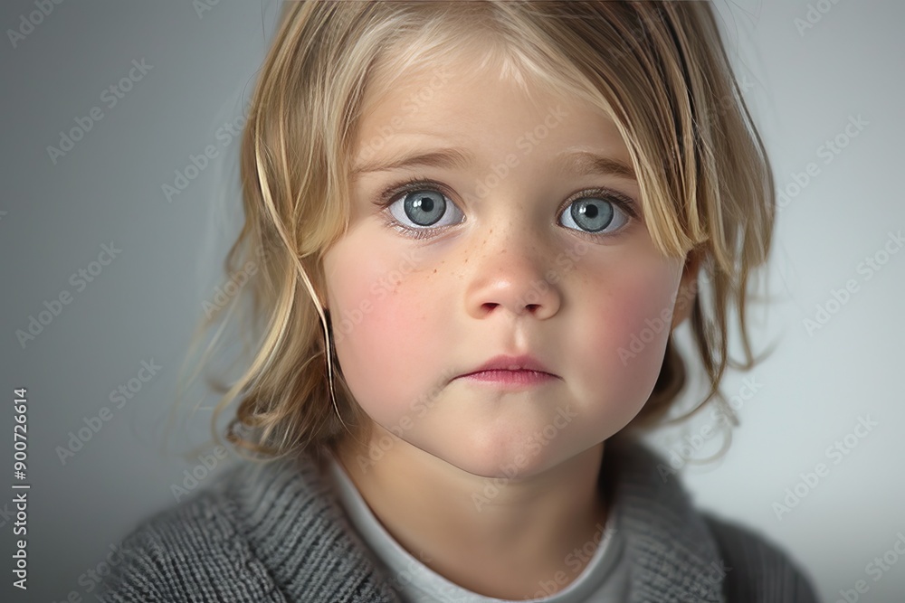 Little blond child with blue eyes and serious expression, gray sweater, soft white background, natural beauty, childhood innocence, clear and focused, minimalist and serene, pure and contemplative. Little blond child with blue eyes and serious expression, gray sweater, soft white background, natural beauty, childhood innocence, clear and focused, minimalist and serene, pure and contemplative.