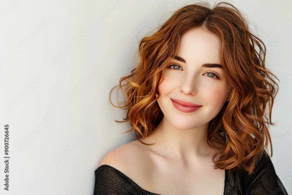 Naklejka premium Smiling red-haired woman with wavy hair in black top, bright and cheerful, white background, natural beauty, modern portrait, vibrant and lively, confident and radiant, soft lighting.