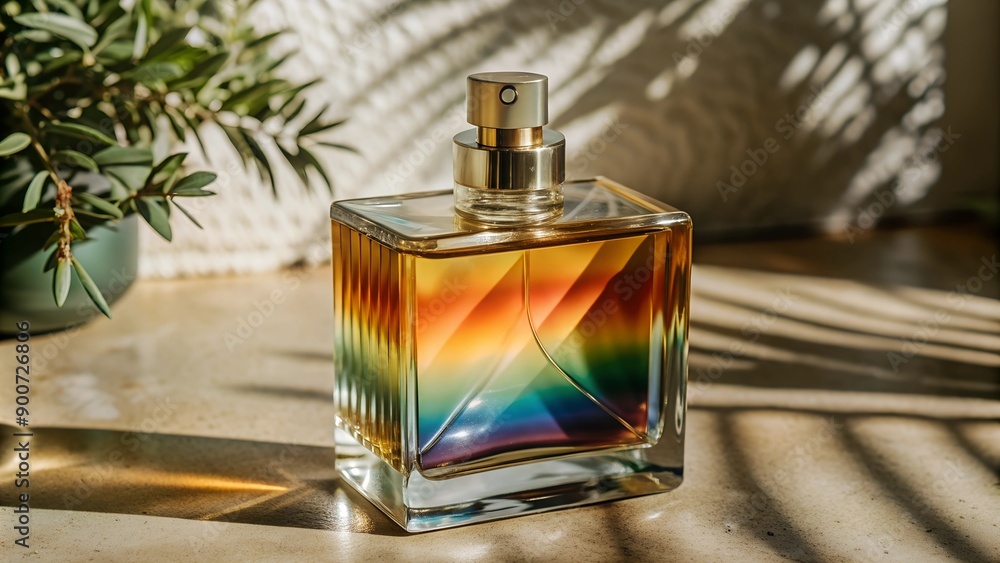 Intricately designed luxury perfume bottle with rainbow liquid Intricately designed luxury perfume bottle with rainbow liquid