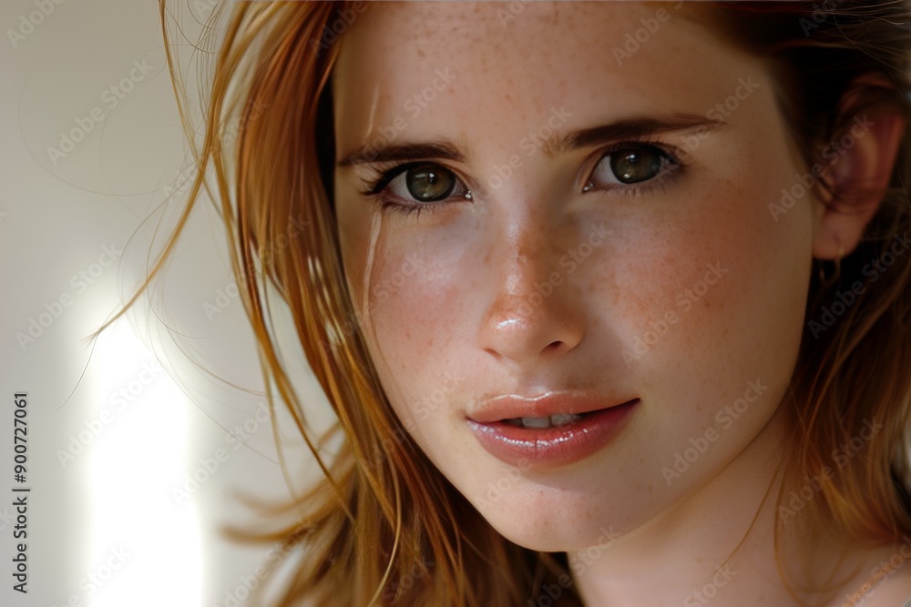 Thoughtful woman with long red hair and freckles, soft and serene expression, white background, natural beauty, modern portrait, detailed and clear, calm and focused, introspective moment. Thoughtful woman with long red hair and freckles, soft and serene expression, white background, natural beauty, modern portrait, detailed and clear, calm and focused, introspective moment.
