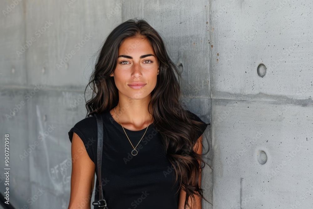 Confident young woman with long dark hair in black top, standing against concrete wall, modern and edgy style, strong and determined, natural beauty, clear and focused, urban setting. Confident young woman with long dark hair in black top, standing against concrete wall, modern and edgy style, strong and determined, natural beauty, clear and focused, urban setting.