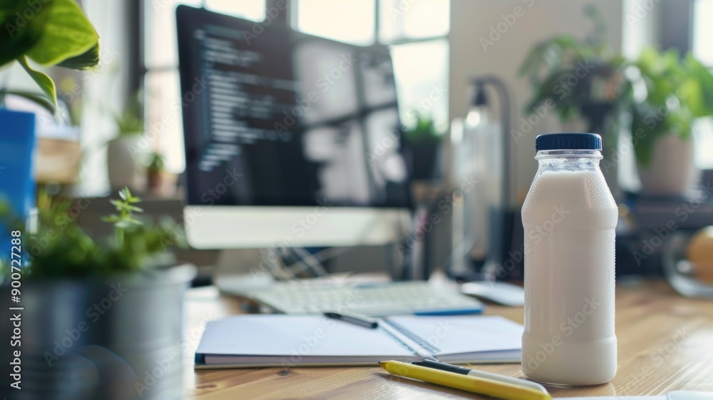 A bottle of milk on a wooden desk in a modern workspace. A bottle of milk on a wooden desk in a modern workspace.