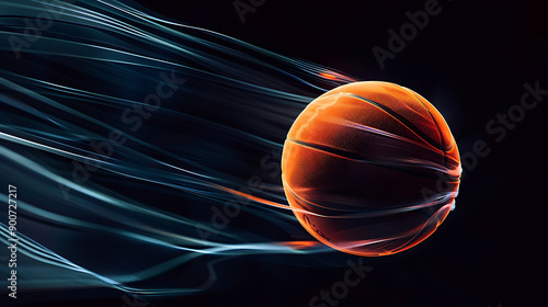 Dynamic EnergyA Spinning Basketball in Mid-Air Against a Dramatic Black Background photo