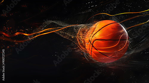 Dynamic EnergyA Spinning Basketball in Mid-Air Against a Dramatic Black Background