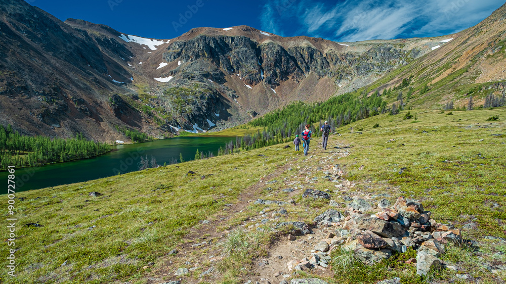 Hiking family traverses alpine meadows adjoining Glacier Lake on Cathedral Rim Trail, Cathedral Provincial Park and Protected Area... a 33,000 hectare wilderness refuge in British Columbia, Canada. Hiking family traverses alpine meadows adjoining Glacier Lake on Cathedral Rim Trail, Cathedral Provincial Park and Protected Area... a 33,000 hectare wilderness refuge in British Columbia, Canada.