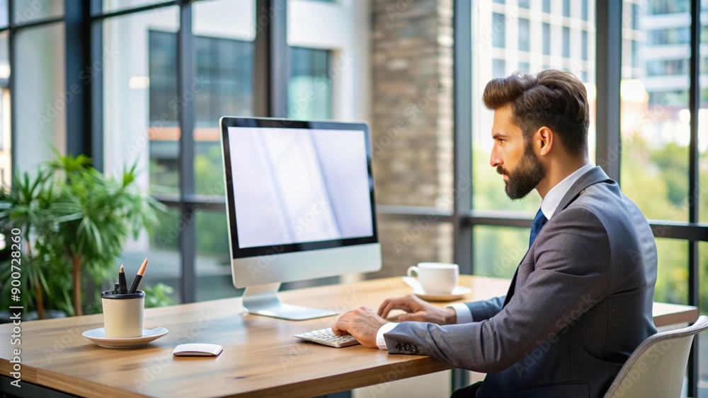 Professional Entrepreneur Working on Computer: Productive Office Environment Professional Entrepreneur Working on Computer: Productive Office Environment