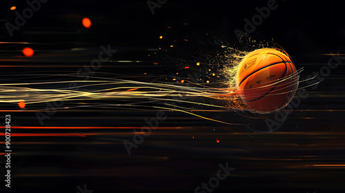 A Dynamic MomentA Spinning Basketball in Mid-Air Against a Black BackgroundShowcasing TextureLight Reflectionsand Energy in Motion photo