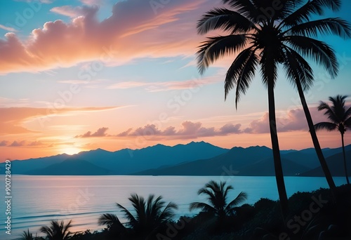 sunset on the beach Abstract tropical landscape with mountains  sea and coconut palm tree photo