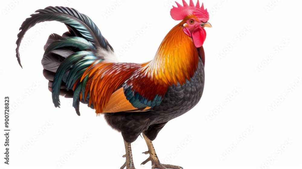 Rooster standing proudly, isolated on a white background Rooster standing proudly, isolated on a white background