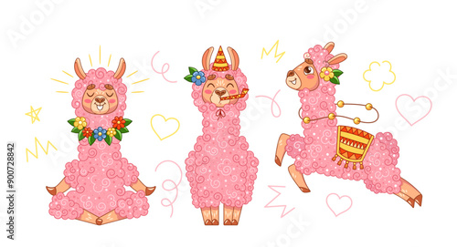 Three Adorable Pink Llamas With Various Decorations, Including Flowers And Party Accessories. Cheerful Cartoon Llamas