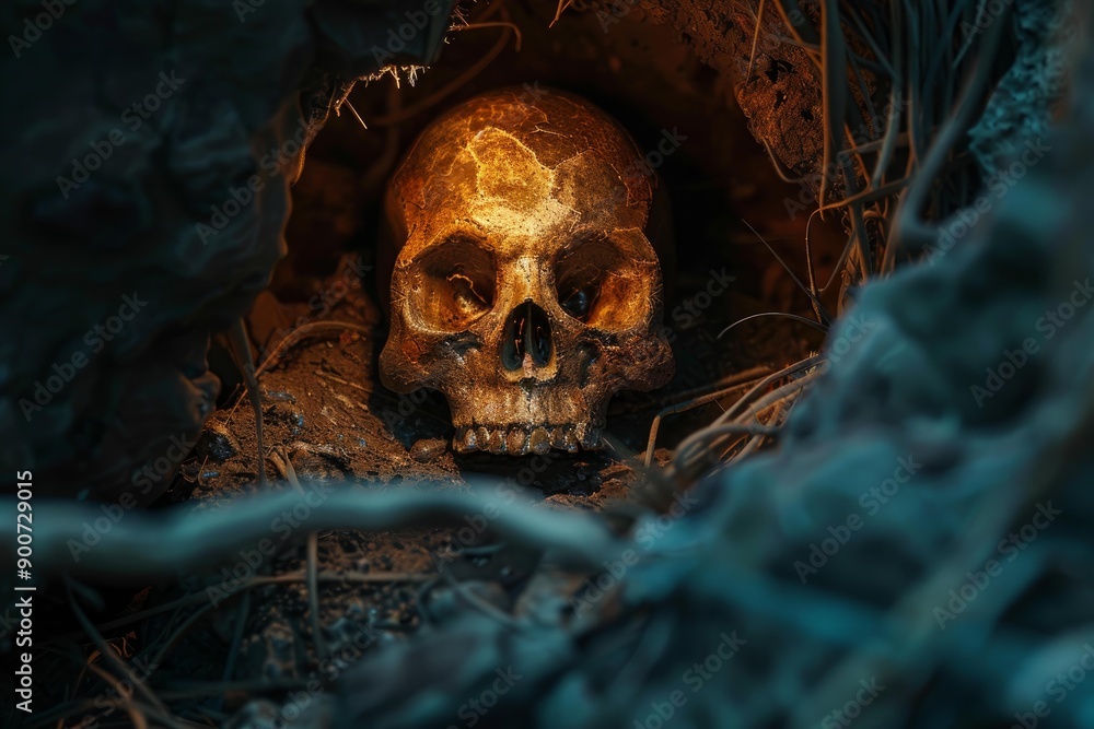 A spooky human skull partially concealed in a dark, eerie cave ambiance A spooky human skull partially concealed in a dark, eerie cave ambiance