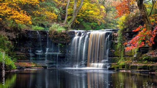 Serene autumn waterfall surrounded by vibrant foliage and fallen leaves. Concept of nature, tranquility, autumn, scenery