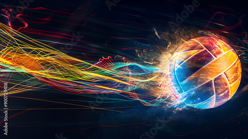 Dynamic EnergyA Vibrant Volleyball Spinning in Mid-Air Against a Stark Black Background photo