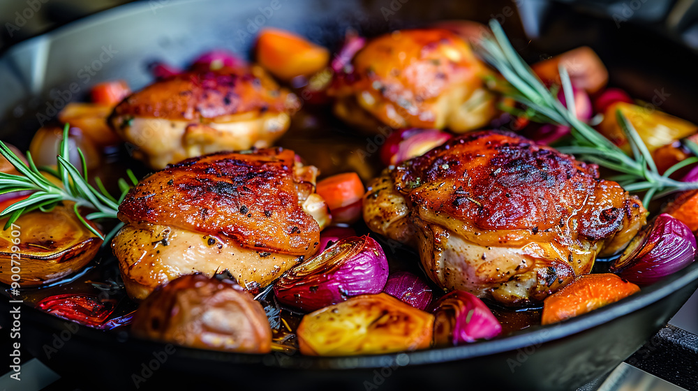 Roasted chicken with onion and rosemary in a pan on the table Roasted chicken with onion and rosemary in a pan on the table