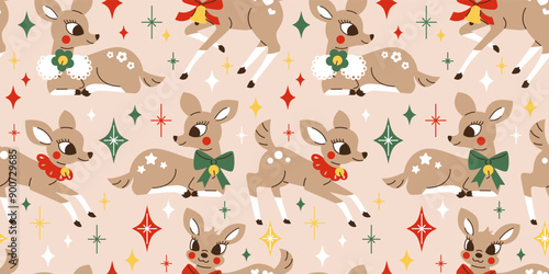 Seamless pattern with Cute fawns and stars in 1950s retro style. Vintage Mid century modern Christmas deer postcard, wrapping paper. Hand drawn vector illustration. 