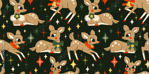 Seamless pattern with Cute fawns and stars in 1950s retro style. Vintage Mid century modern Christmas deer postcard, wrapping paper. Hand drawn vector illustration. 