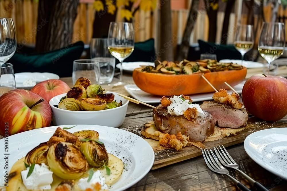 Autumn table setting with grilled meat, baked pumpkin, apples and mushrooms Autumn table setting with grilled meat, baked pumpkin, apples and mushrooms