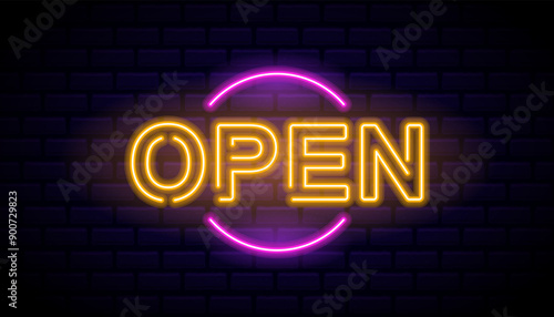 Bright Retro Neon Sign Displaying The Word Open In Yellow And Pink Colors Against A Dark Brick Wall. Vector Signboard