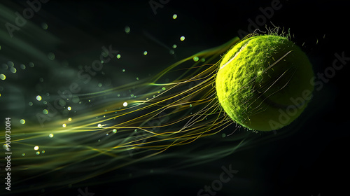 Dynamic Tennis Ball in MotionA High-Speed Capture Showcasing Spin and Energy Against a Black Background photo