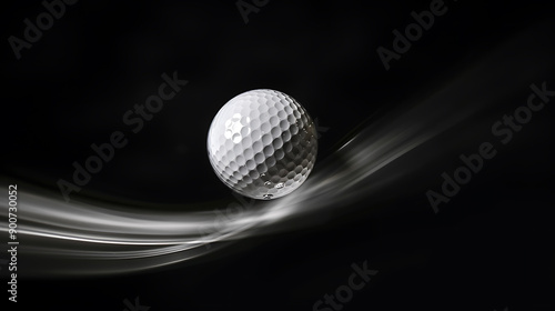 Dynamic FlightA Golf Ball in Mid-Air Showcasing Its Impressive Spin and Reflective Surface Against a Striking Black Background photo