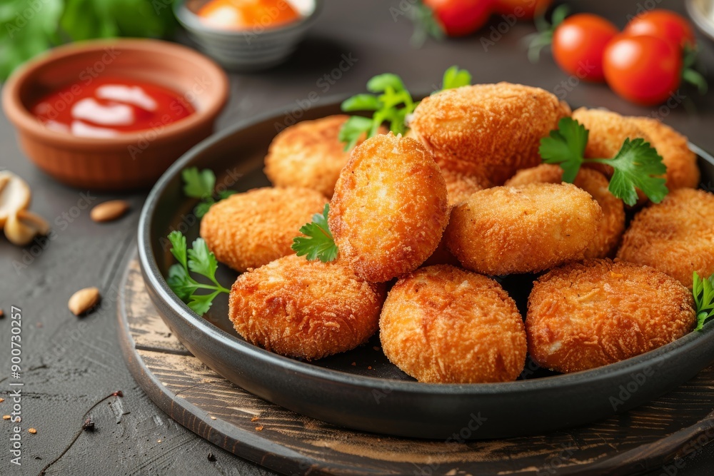 Appetizing chicken nuggets served with fresh parsley on a black plate, ideal for a tasty snack Appetizing chicken nuggets served with fresh parsley on a black plate, ideal for a tasty snack