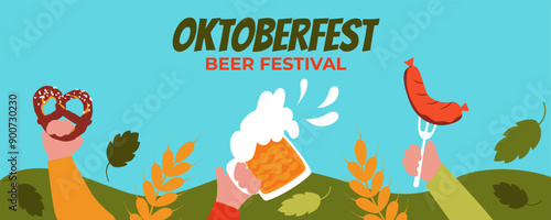 Oktoberfest horizontal banner. Beer festival.Vector background in flat style