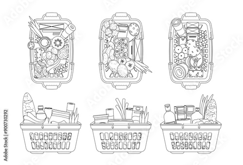 Black And White Food Baskets Filled With Various Groceries. Vector Outline Image Showcases Fruits, Vegetables, Bread