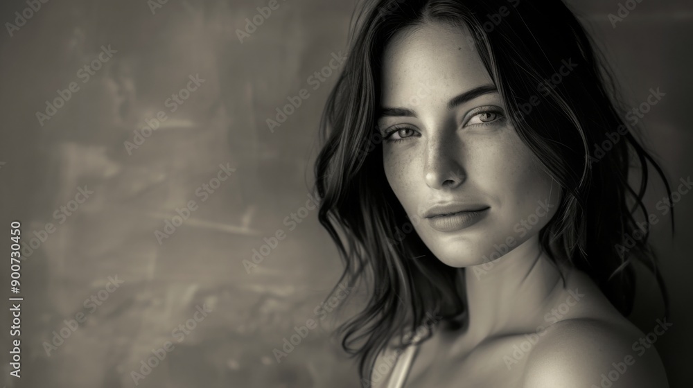 Black and white portrait of a woman with bare shoulders, emphasizing the elegance and simplicity of her pose and expression Black and white portrait of a woman with bare shoulders, emphasizing the elegance and simplicity of her pose and expression