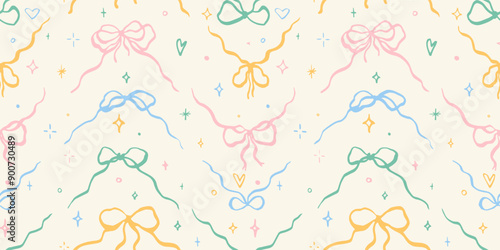 Seamless pattern with cartoon doodle bow knots, gift ribbons. Trendy zig zag chevron Christmas background. Hand drawn vector illustration. Minimalist tattoo sketch, coquette core. 