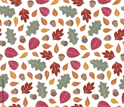 Seamless autumn pattern with acorns and oak leaves, autumn background with falling leaves.