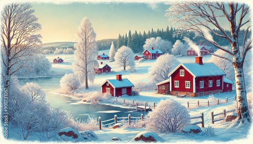 A winter landscape in Swedish countryside, features cottages, trees, snow fields and frozen lake