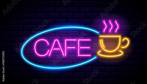 Bright And Colorful Retro Neon Sign Displaying The Word Cafe With A Glowing Coffee Cup Set Against A Dark Brick Wall