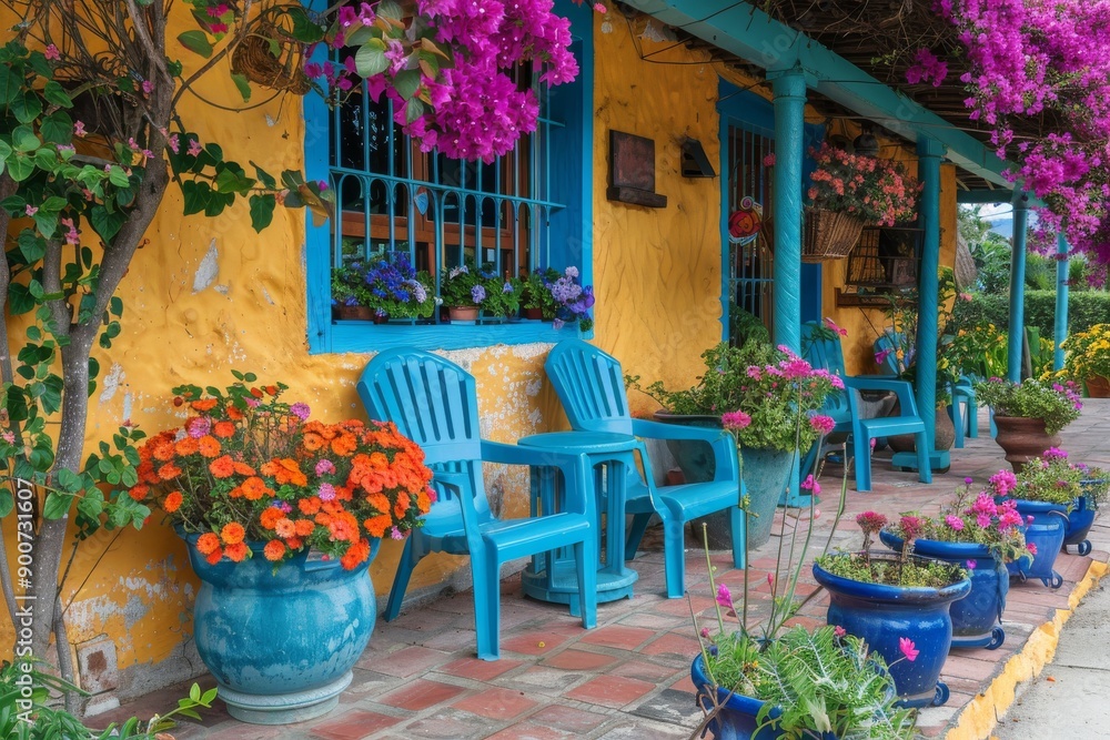 Obraz premium Colorful outdoor seating area with vibrant chairs and flowers, cheerful and lively atmosphere, natural light, urban environment, clear and detailed, bright and vibrant.