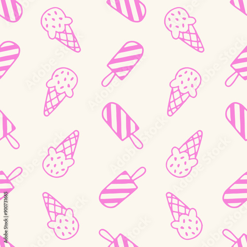 Pink ice cream and popsicle pattern on a beige background. Seamless repeating template for design and print