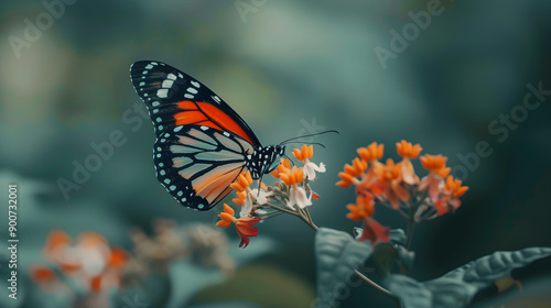 Vibrant orange and black Monarch butterfly perched delicately on a pink flower in nature. photo