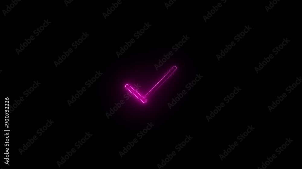 Glowing neon check mark icon. On black background Glowing neon check mark icon. On black background