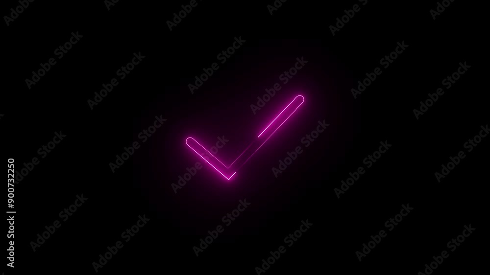 Glowing neon check mark icon. On black background Glowing neon check mark icon. On black background