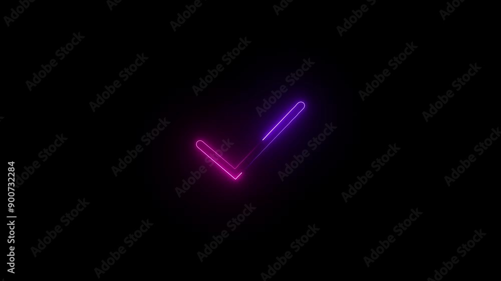 Glowing neon check mark icon. On black background Glowing neon check mark icon. On black background